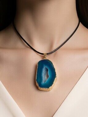 Blue Druzy Agate Teardrop Necklace Geode Slice Gold Edge Pendant Cord Raw Beauty